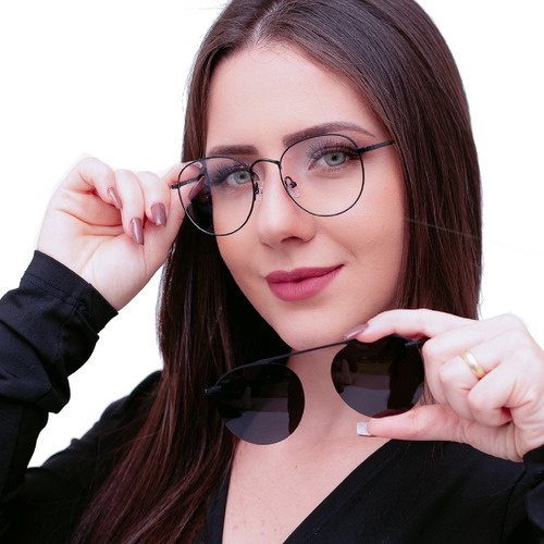 Armação E Óculos Solar P/ Grau Oval Clipon Feminino Mascuino Cor Preto