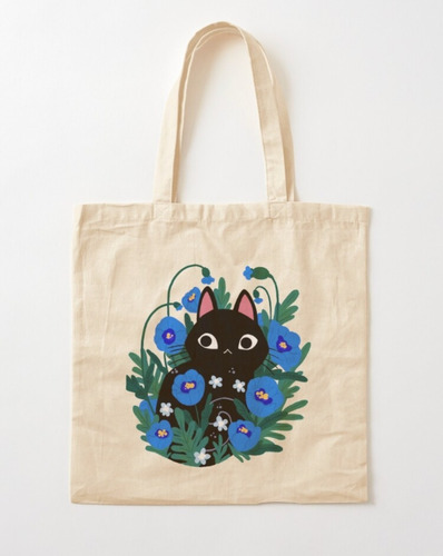 Tote Bag Gato Negro Con Flores. Bolso Relajado Y Divertido 