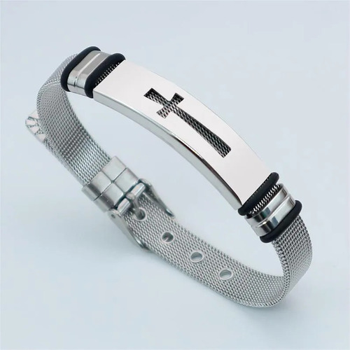 Esclava Unisex En Acero Inoxidable, Plateado Con Cruz