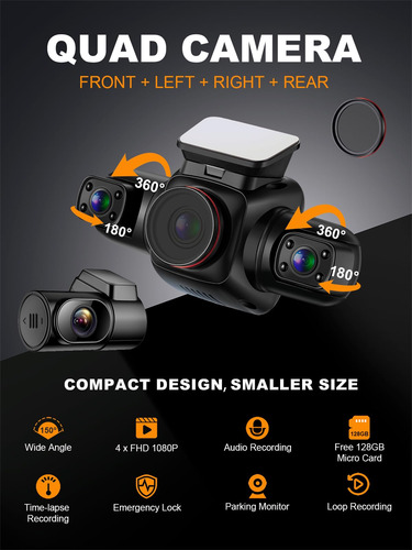 Dash Cam Pruveeo Con Vista De 360 Grados, 4 Canales Frontale