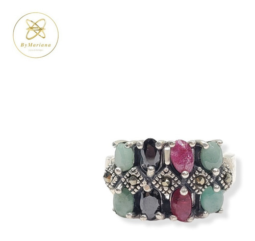 Imagen 2 de 10 de Anillo Plata Raices Piedra De Colores