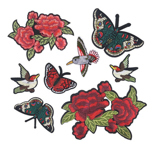 8pcs Costura Bordado Flor Pássaro Patches Etiqueta De Pano