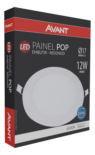 Painel Plafon Led 12w Redondo Embutir Avant 6500k Cor Branco 100V/240V