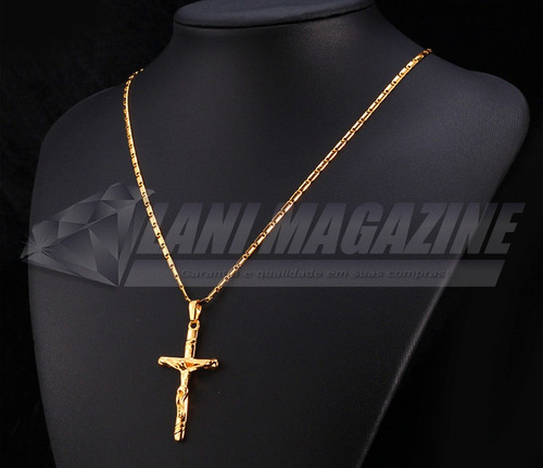 Corrente Colar Unisex C/ Crucifixo Pingente Banhada Ouro 18k