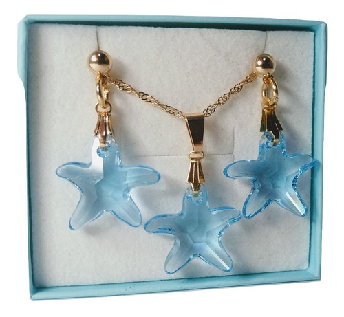 Conjunto Estrela Do Mar Cristal Swarovski Sapphire Folh Ouro