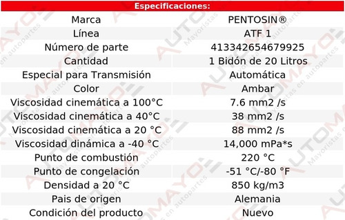 Aceite Transmision Aut 20 Lts Atf 1 320i L4 2.0l 12-14