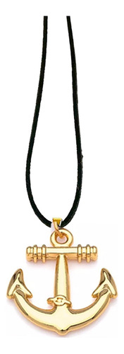 Colar De Couro Pingente Ancora Cordão Preto Cor 70cm