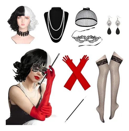 Peluca Mitad Blanca Y Mitad Negra Con 7 Accesorios – Set Vintage De Los 70 Para Halloween, Mascarada Y Cosplay
