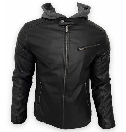 Chamarra Vini Piel Slim Fit Hombre Tipo Biker Gorro Sudadera