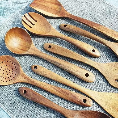 Cucharas de madera para cocinar 7 piezas de utensilios de cocina de madera  de teca utensilios de cocina de madera espátula de madera para cocinar –  Yaxa Costa Rica