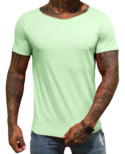 Camiseta Slim Fit Gola Canoa Aberta Verde Claro Masculina