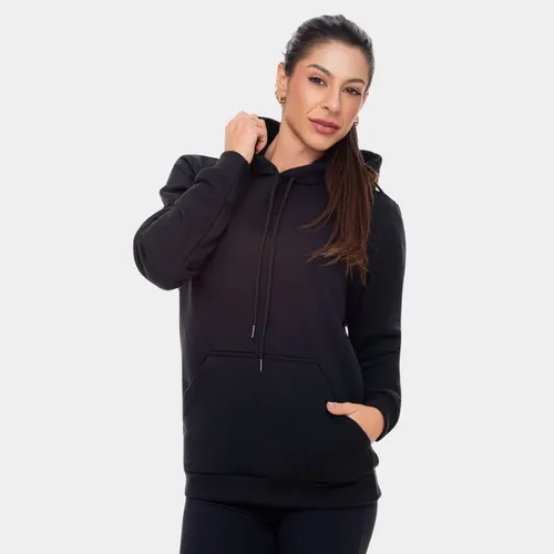 Moletom Feminino Capuz Blusa De Frio Lisa Cordão Canguru