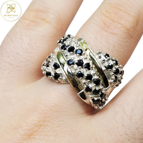 Anillo Plata Y Oro Con Piedras Negras Engarzadas