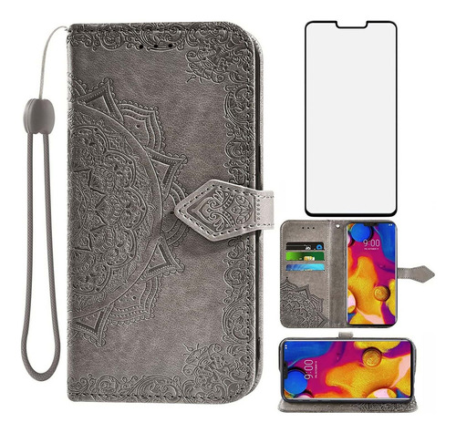 Para LG V40 Thinq Wallet Funda Y Pantalla De Vidrio Templado