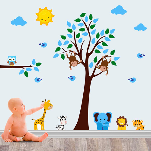 Vinilo Decor Infantil Cuarto Bebe Árbol Azul + Instalacion 