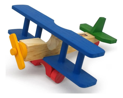 Avião Biplano Em Madeira Brinquedo Educativo Cor Colorido