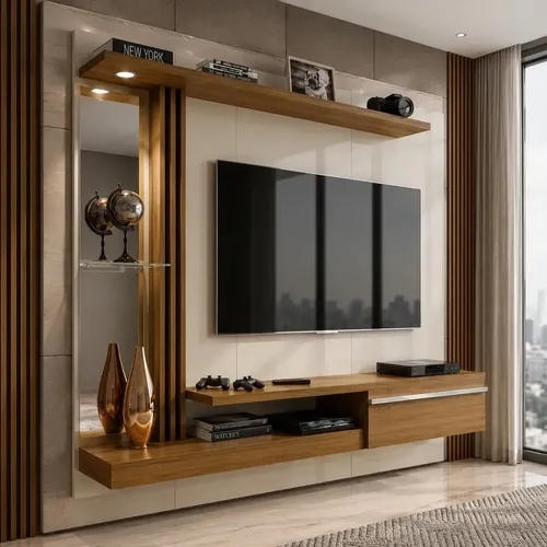 Painel Rack Sala Bechara Denver Para Tvs 55 Polegadas Com Espelho  E Led Elétrico Design Moderno Elegante Cor Cinamomo Off White Off White/cinamomo