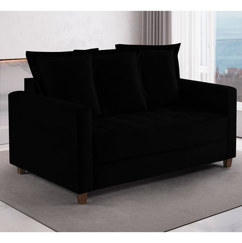 Sofa Cama Rocca Colchao Casal Pés De Madeira Talento Móveis Cor Preto Com Castanho