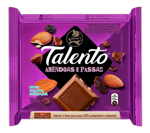 Chocolate ao Leite com Amêndoas e Passas Garoto Talento Pacote 85g