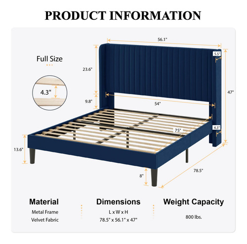 Base De Cama Matrimonial De Terciopelo Azul Con Cabecera Cap