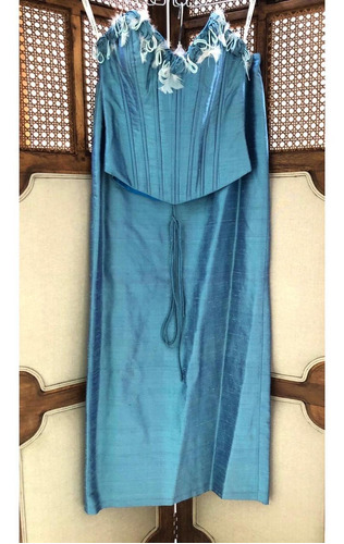 Vestido Azul Celeste De Shantu De Seda Con Corsé. Straples
