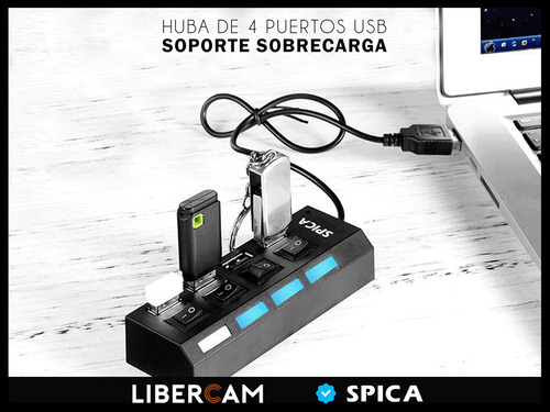 Hub Usb Multiplicador 4 Puertos Usb Spica Rhub-50 Luz Led Pc Notebook Color Negro