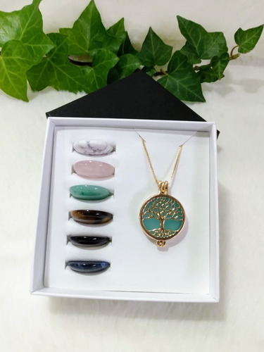 Colar Relicário Árvore Da Vida Ouro Ágata Azul + 6 Pedras