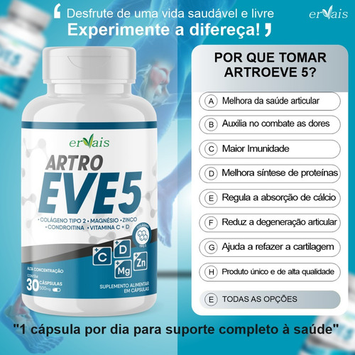 Artroeve 5 - Colágeno Tipo 2 + Magnésio + C + D - 2 Frascos