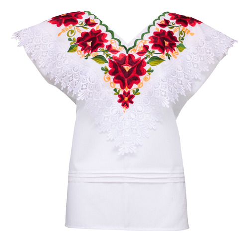 Blusa Artesanal Bordada Yucateca Encaje Inglés Modelo Rubí 