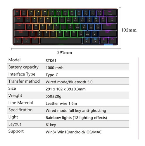 Imagen 9 de 9 de Teclado Mecánico 60% Bluetooth Switch Brown- Stk61 Negro