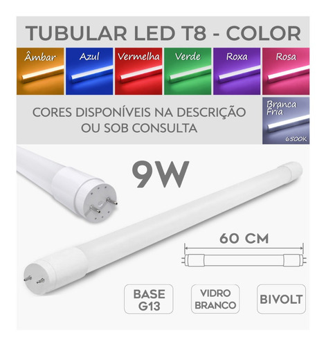 30 Lâmpadas Led Tubular T8 Colorida 9w 60cm Bivolt Vidro