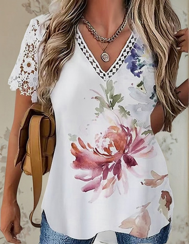 Elegante Playera Casual Para Mujer Con Mangas De Encaje Y E