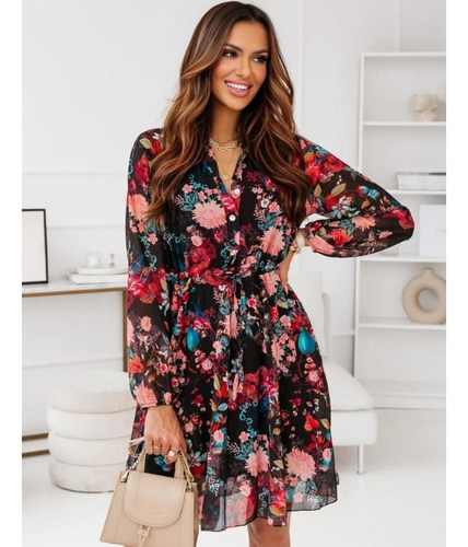 Vestido De Manga Larga Estampado Con Botones