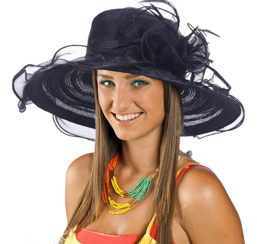 Sombrero Derby Kentucky Mujer, Gorra Negra Ala Ancha Fiesta