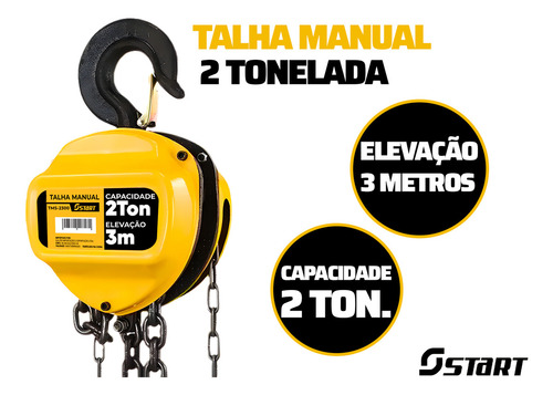 Talha Manual 2 Toneladas 2000kg Com Corrente 3 Metros Freio Duplo Elevação Ts2300 Start