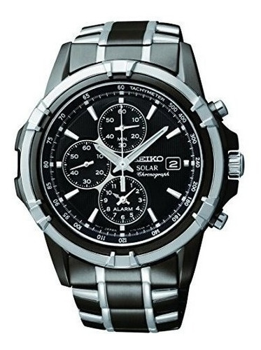 Relógio de pulso Seiko Essentials SSC143 com corpo preto,  analógico, fundo  preto, com correia de aço inoxidável cor preto e prateado, agulhas cor prata e branco, subdials de cor prata e branco, subesferas cor preto e prata, ponteiro de minutos/segundos branco, bisel cor prateado