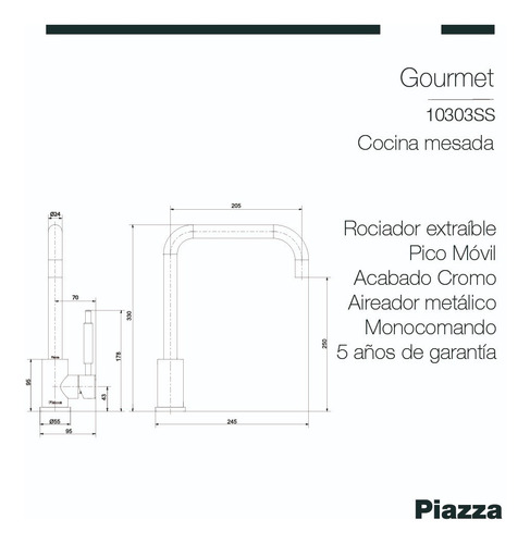 Imagen 2 de 5 de Monocomando Cocina Piazza Acero Inoxidable 10303ss Satinado