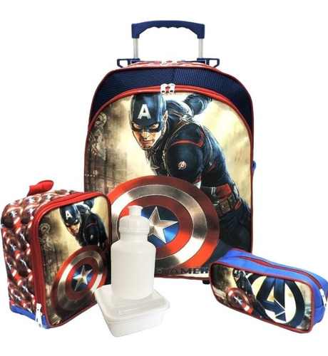 Kit Mochila Infantil Capitão América Rodinhas G + Lancheira