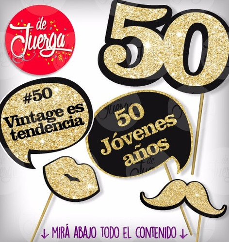 Photo Booth Cumple 50 Años Imprimible Props Glitter