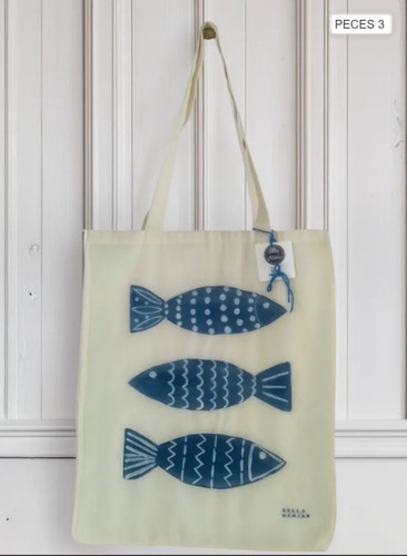 Bolsa Ecológica De Tela Pintada A Mano Bella María Azul Lienzo Hueso Natural Peces