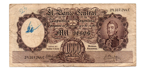 Billete $1000 Moneda Nacional, Bottero 2154, Año 1962 Usado