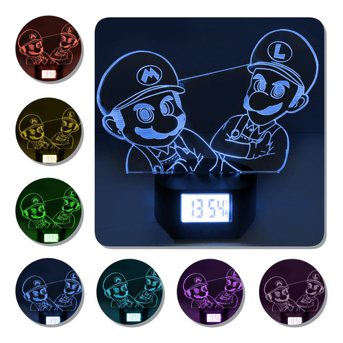 Lámpara 3d Mario Y Luigi Base Reloj + Control