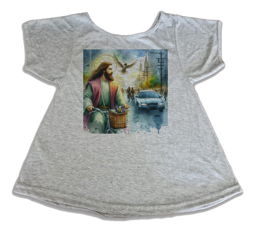 Musculosa Dama Jesus En Bici Ciudad Paloma Acuarela