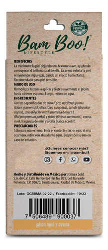 5 Pack Jabón Artesanal Natural Miel Avena 100 G Bam Boo!