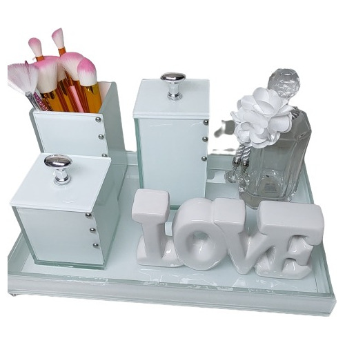 Kit Lavabo Luxo Com Porta Escovas Algodão E Cotonetes Vidro