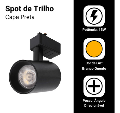 Kit Trilho Eletrificado 15w 3000k 1m Preto Com 3 Spots Led
