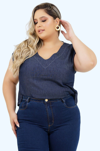 Blusa Plus Size Canadá Manga Curta Jeans