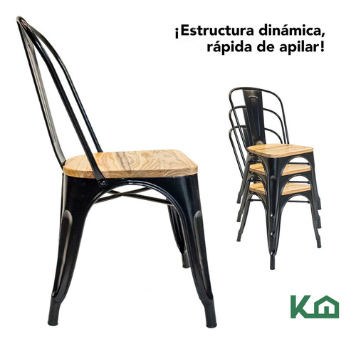 Silla Tolix Negro Mate Con Asiento De Madera Estructura Metálica Minimalista Exterior Interior Comoda Ergonomica Resistente Kingshouse
