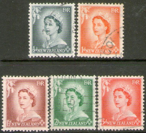 Nueva Zelanda 5 Sellos Usados Reina Elizabeth 2° Años 1954-7