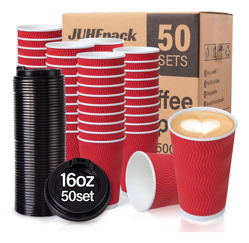 Juhepack Tazas De Cafe Desechables Con Tapas, Paquete De 50,